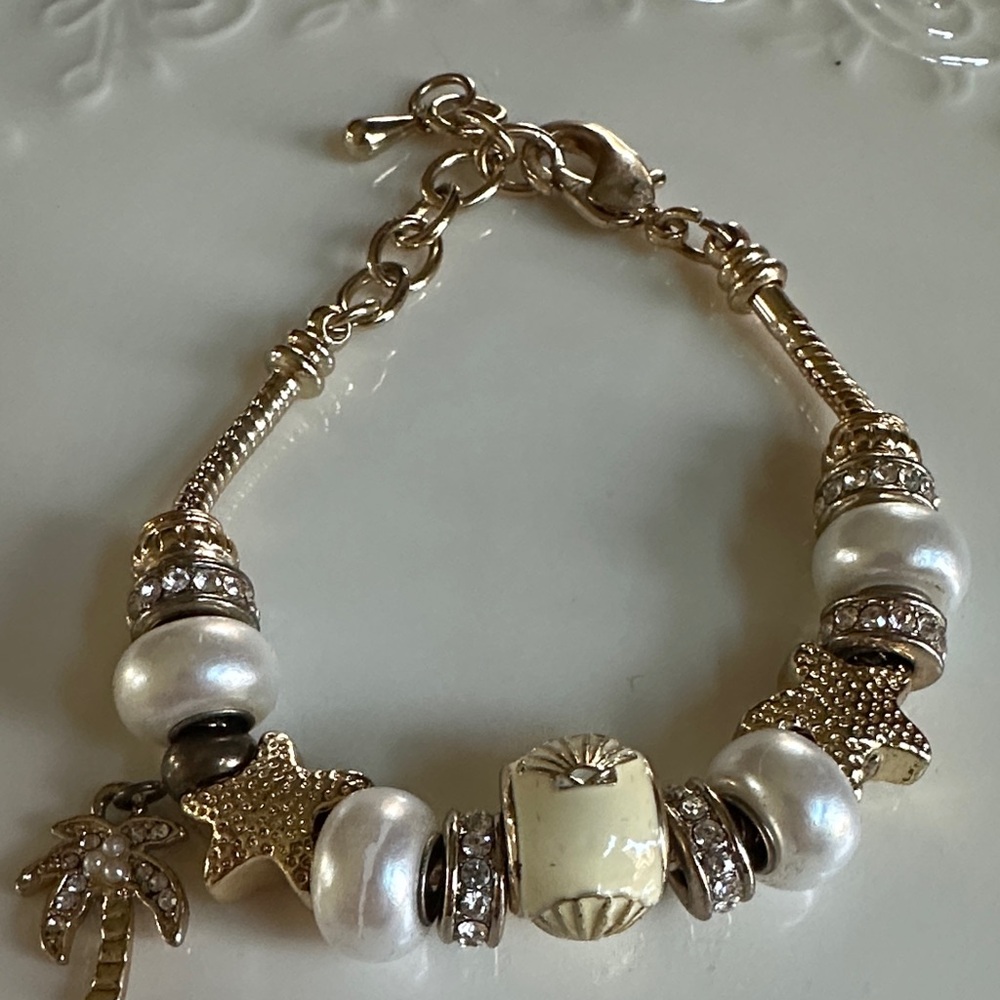 bella Perlina Gold Pearl Charm Bracelet with Sea-Glass Bead - Picture 2 of 3